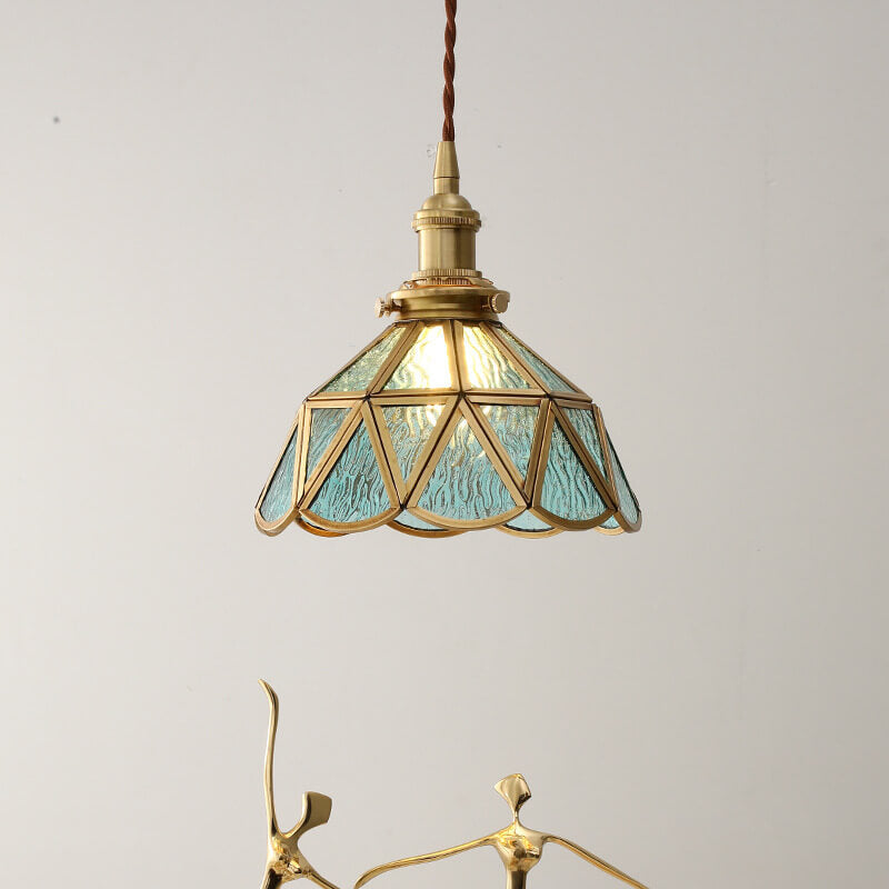 Contemporary Nordic Water Pattern Glass Copper Geometric Cone Brass 1-Light Pendant Light For Living Room