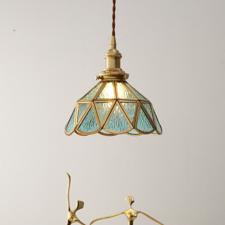 Contemporary Nordic Water Pattern Glass Copper Geometric Cone Brass 1-Light Pendant Light For Living Room