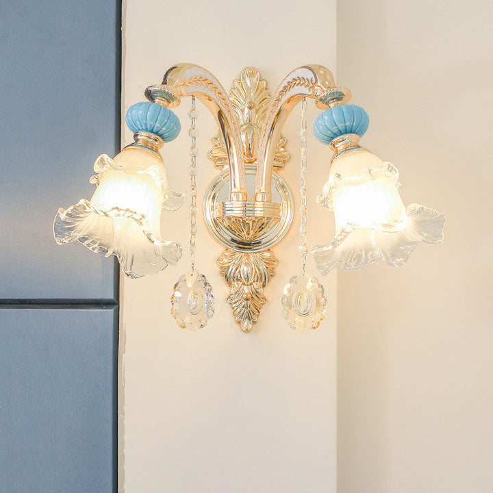 Lámpara de Aplique de Pared de Vidrio Cerámico de Aleación Floral Europea Tradicional 1/2 Luz para Dormitorio 