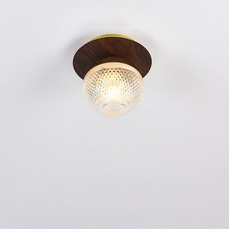 Japanese Minimalist Glass Iron Woodgrain 1-Light Semi-Flush Mount Ceiling Light