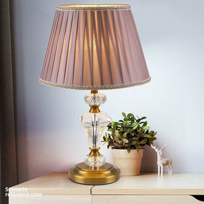 European Vintage Crystal Pillar Base Fabric 1-Light Table Lamp