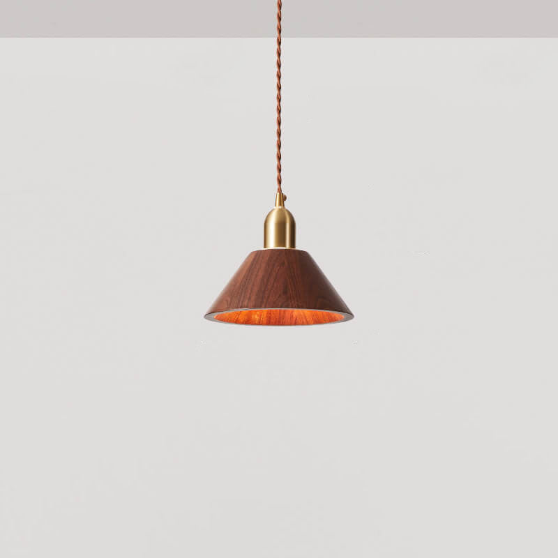 Traditional Vintage Ash Wood Walnut Geometric Round Cone Brass 1-Light Pendant Light for Living Room