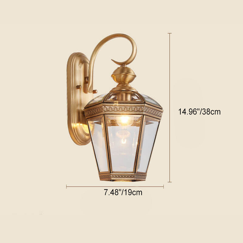 European Modern Hexagonal Lantern Copper Glass Waterproof 1-Light Outdoor Wall Sconce Lamp