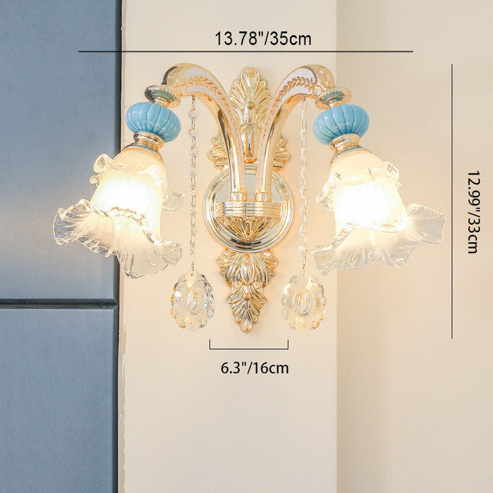 Lámpara de Aplique de Pared de Vidrio Cerámico de Aleación Floral Europea Tradicional 1/2 Luz para Dormitorio 