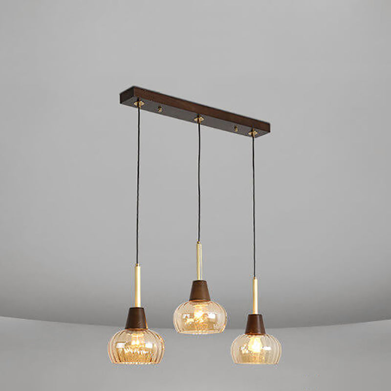 Zeitgenössischer Retro-Holzrahmen-Glasbecher-Schirm 1/3-Licht-Insel-Licht-Kronleuchter für Wohnzimmer 