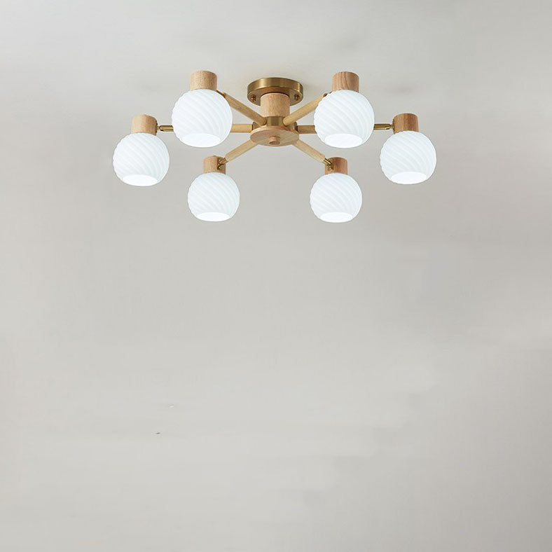Plafón de techo tradicional japonés Wabi-sabi de madera de caucho, herrajes y vidrio de 3/6/8 luces para sala de estar 