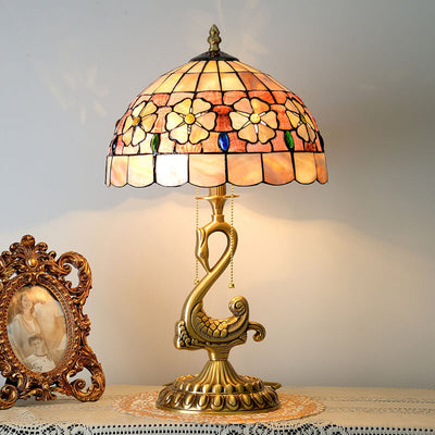 Tiffany Vintage Floral Stained Glass Swan 2-Light Table Lamp