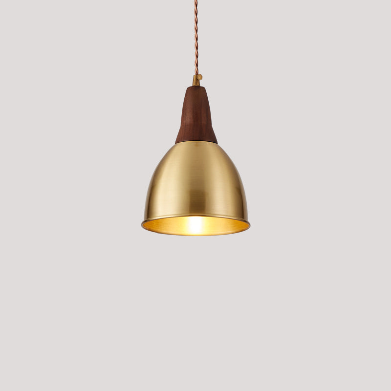 Traditionelle Vintage-Pendelleuchte aus Messing und Walnuss mit runder Kuppel und 1 Licht für das Wohnzimmer 