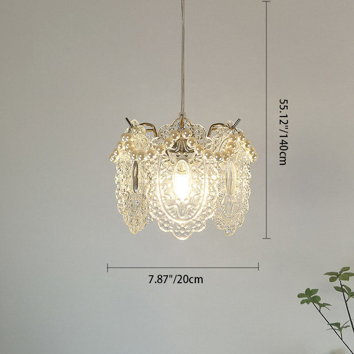 Traditional French Feather Pearl Petal Hardware Glass 1-Light Pendant Light For Bedroom