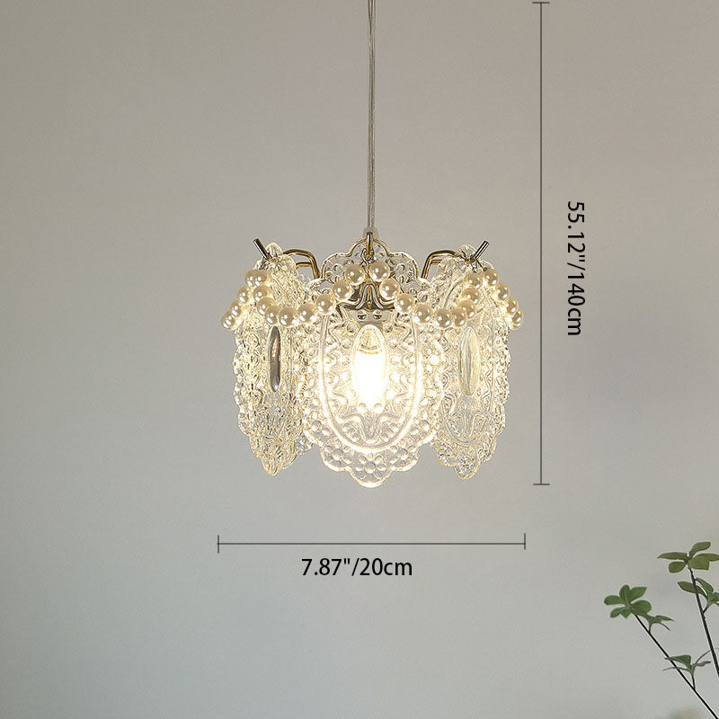 Traditional French Feather Pearl Petal Hardware Glass 1-Light Pendant Light For Bedroom