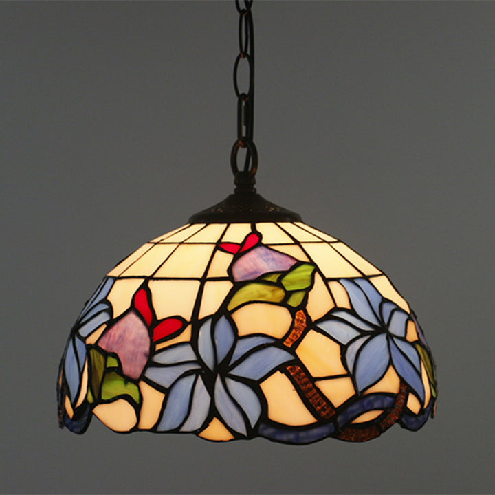 Traditionelle 1-flammige Tiffany-Pendelleuchte mit Blumenmotiv aus Buntglas und Eisenschirm für Wohn- und Schlafzimmer 