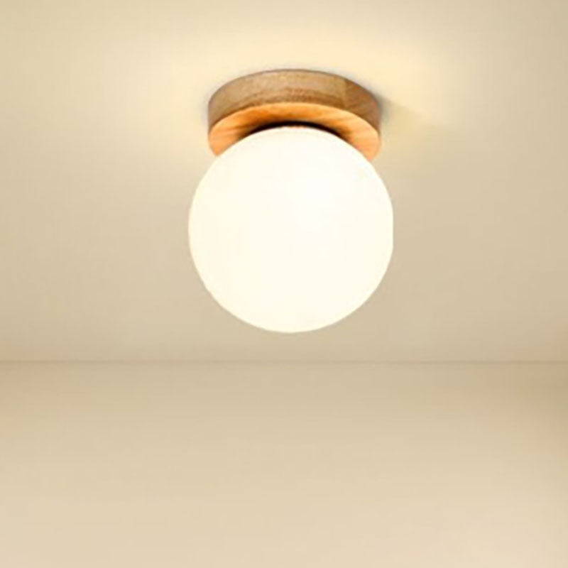 Japanese Minimalist Round Ball Wooden Glass 1-Light Semi-Flush Mount Light