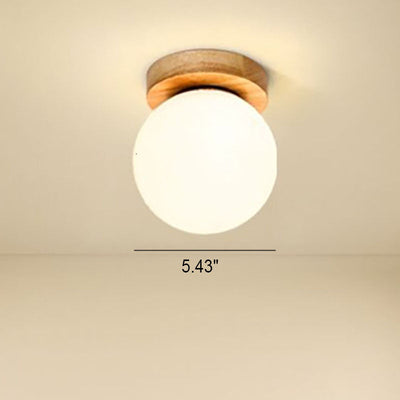 Japanese Minimalist Round Ball Wooden Glass 1-Light Semi-Flush Mount Light