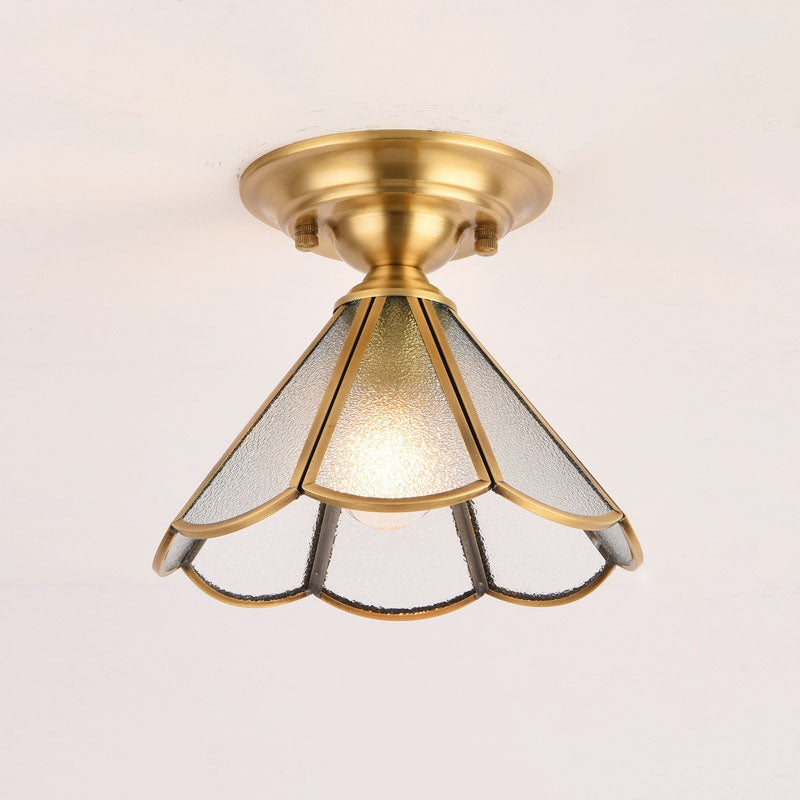 European Luxury Brass Glass Cone 1-Light Semi-Flush Mount Ceiling Light