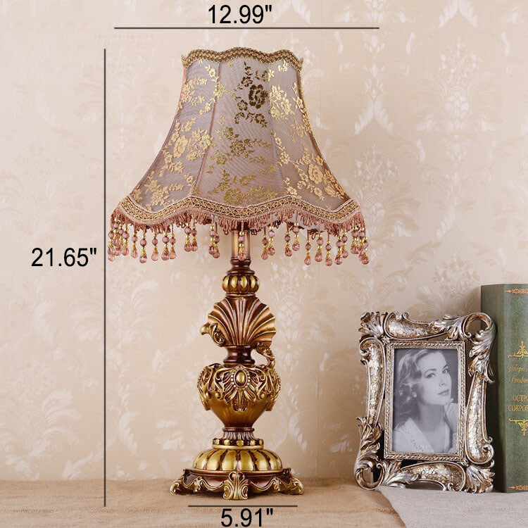 Europäische Vintage Stoff Quaste Harz Court 1-Licht Tischlampe 