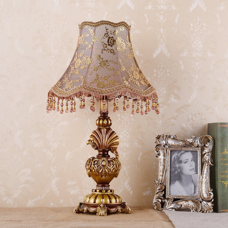 European Vintage Fabric Tassel Resin Court 1-Light Table Lamp