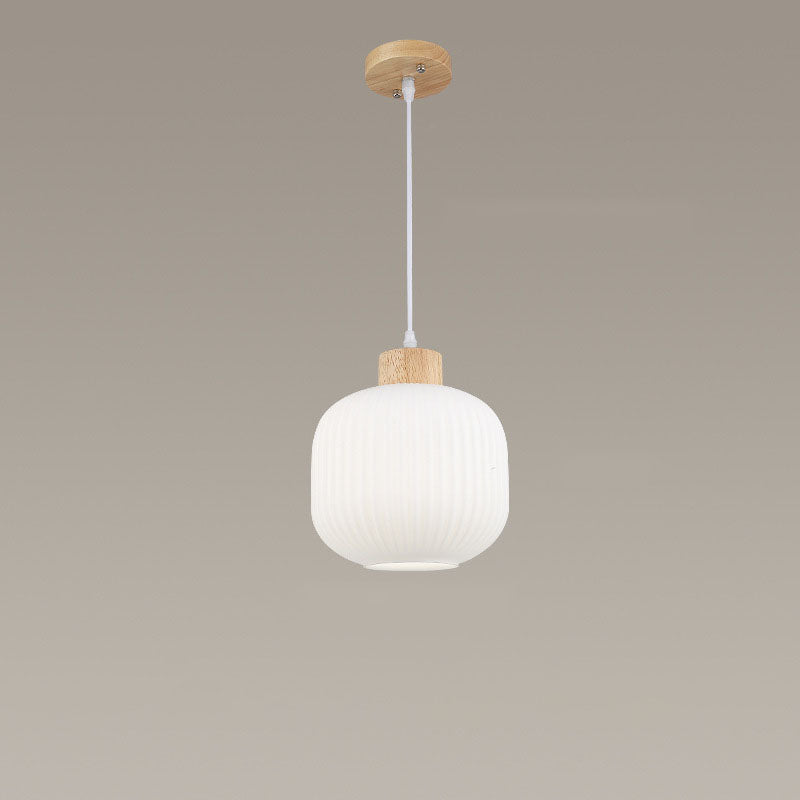 Modern Minimalist Striped Glass Rubberwood Oval Jar 1-Light Pendant Light for Living Room