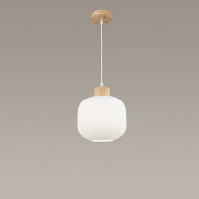 Japanese Minimalist Striped Glass Oval Jar Solid Wood 1-Light Pendant Light