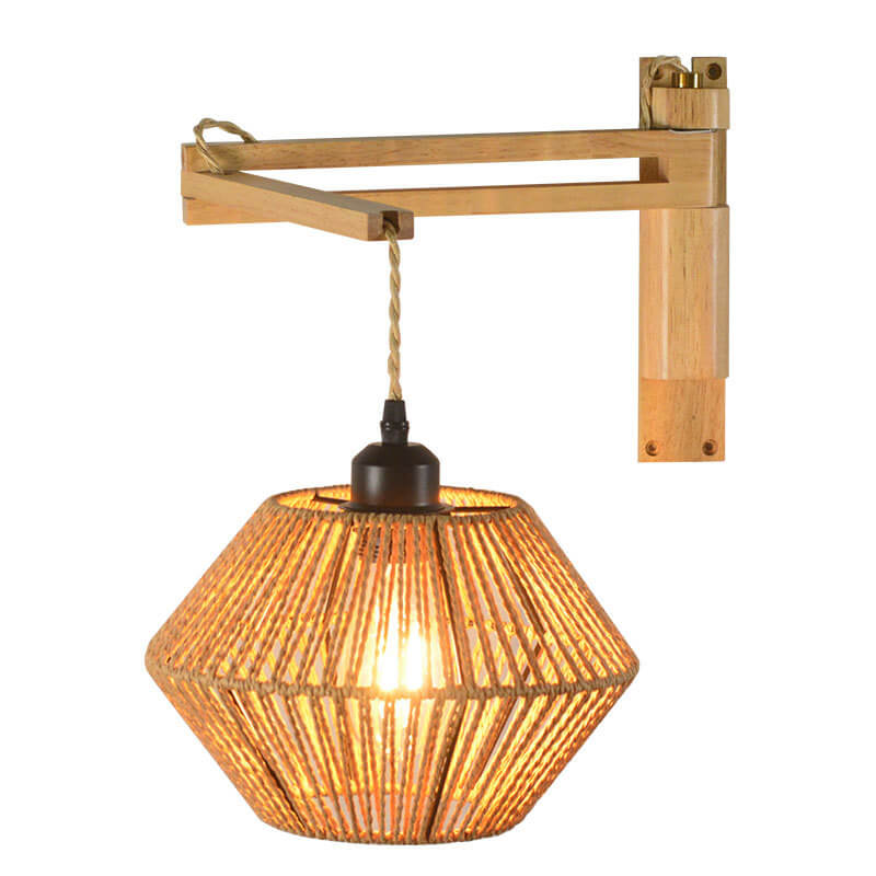 Traditionelle Vintage-Wandleuchte mit Seilgeflecht, Bambus, Massivholz und Laternenkäfig, 1-flammig, für das Wohnzimmer 