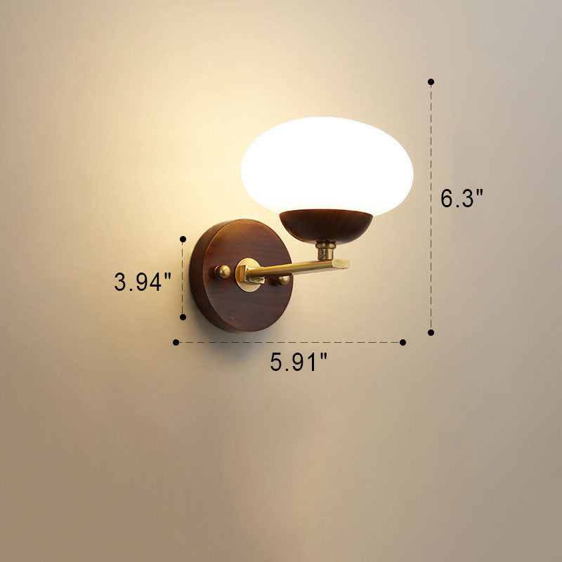 Modern Chinese Walnut Glass Brass Round 1-Light Wall Sconce Lamp