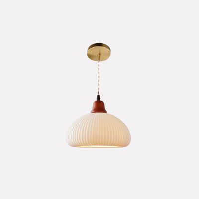 Japanese Vintage Pleated Ceramic Round Dome Wood 1-Light Pendant Light