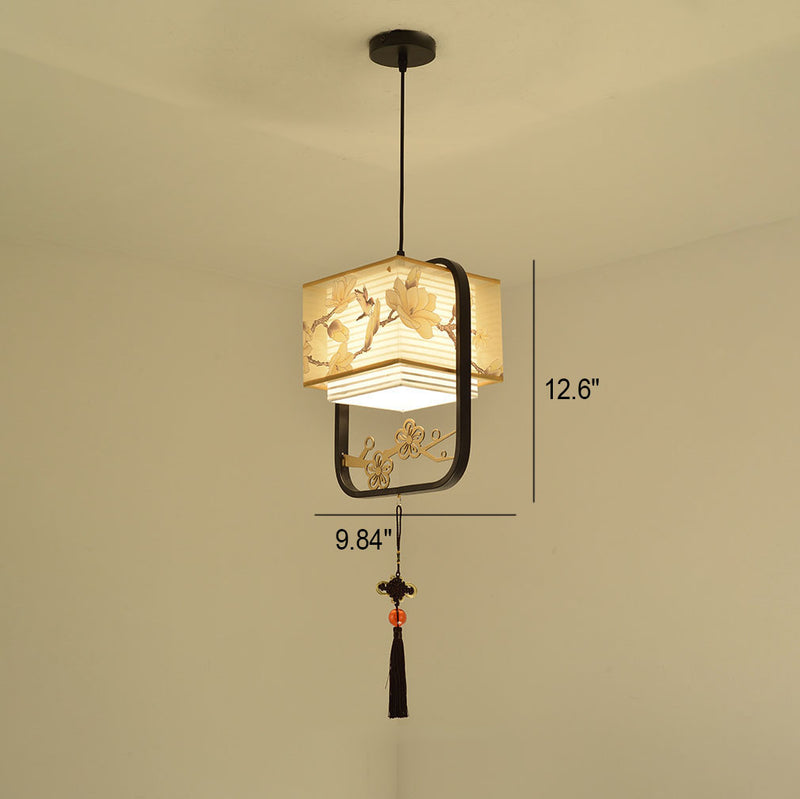 Modern Chinese Fabric Square Magnolia 1-Light Semi-Flush Mount Ceiling Light