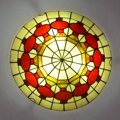 European Stained Glass Tiffany Round Various Pattern Designs 3-Light Flush Mount Light