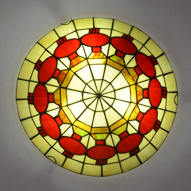 European Stained Glass Tiffany Round Various Pattern Designs 3-Light Flush Mount Light