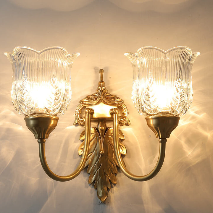Vintage Blumenbecher Messing Glas 1/2 Licht Wandleuchte 
