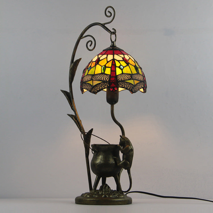 Vintage Tiffany Dome Stained Glass Mouse Base 1-Light Table Lamp