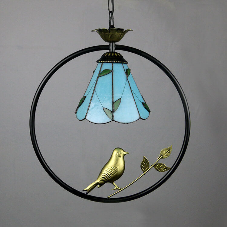 Vintage Tiffany Round Iron Stained Glass Bird 1-Light Pendant Light