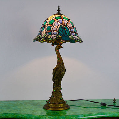 Vintage Tiffany Peacock Gem Dome Glass Resin 1-Light Table Lamp