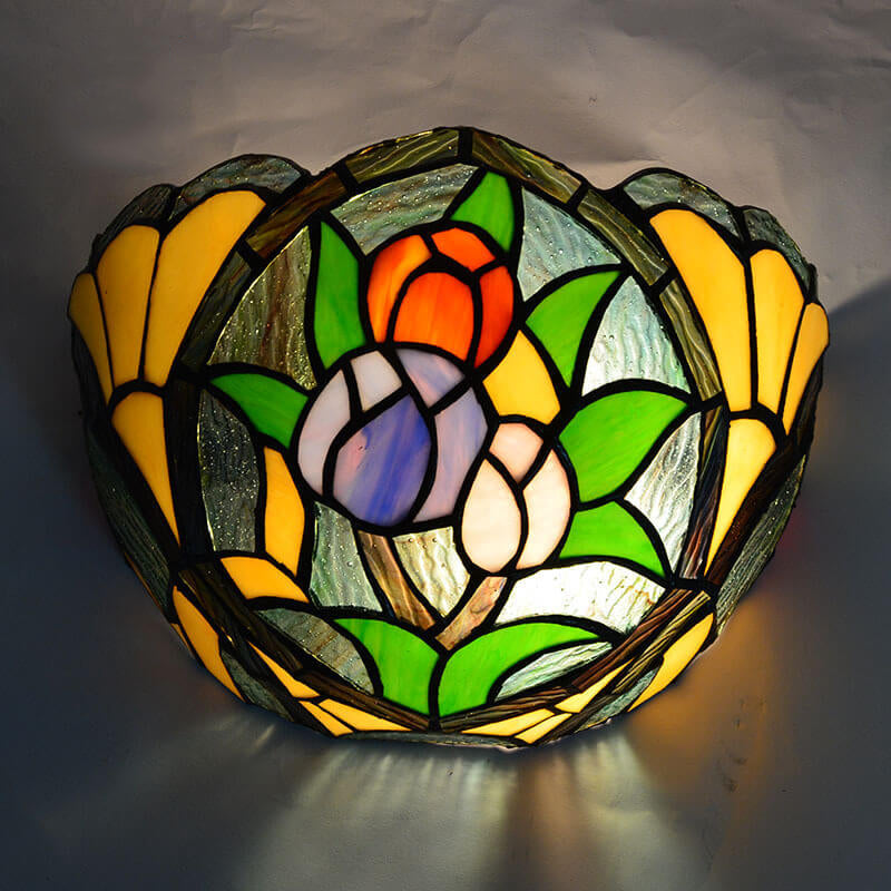 Vintage Tiffany Flower Stained Glass Bowl 1-Light Wall Sconce Lamp