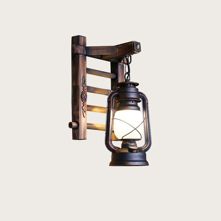 Aplique de pared de 1 luz estilo industrial contemporáneo con lámpara de queroseno, cuerda de cáñamo, base de bambú y cordel de hierro 