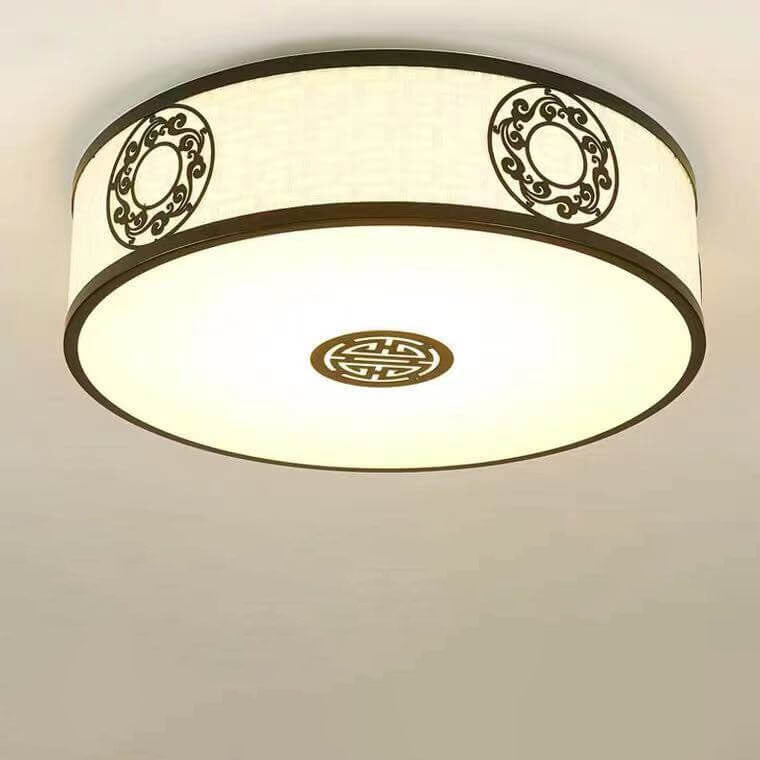 Traditional Chinese Round Fabric Drum LED Flush Mount Ceiling Light For Living Room