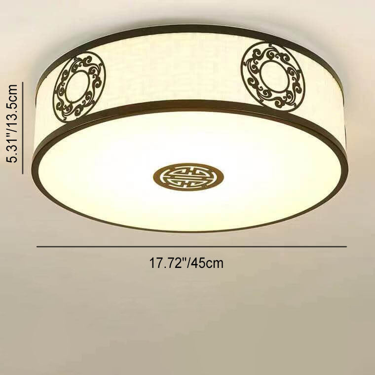 Traditional Chinese Round Fabric Drum LED Flush Mount Ceiling Light For Living Room