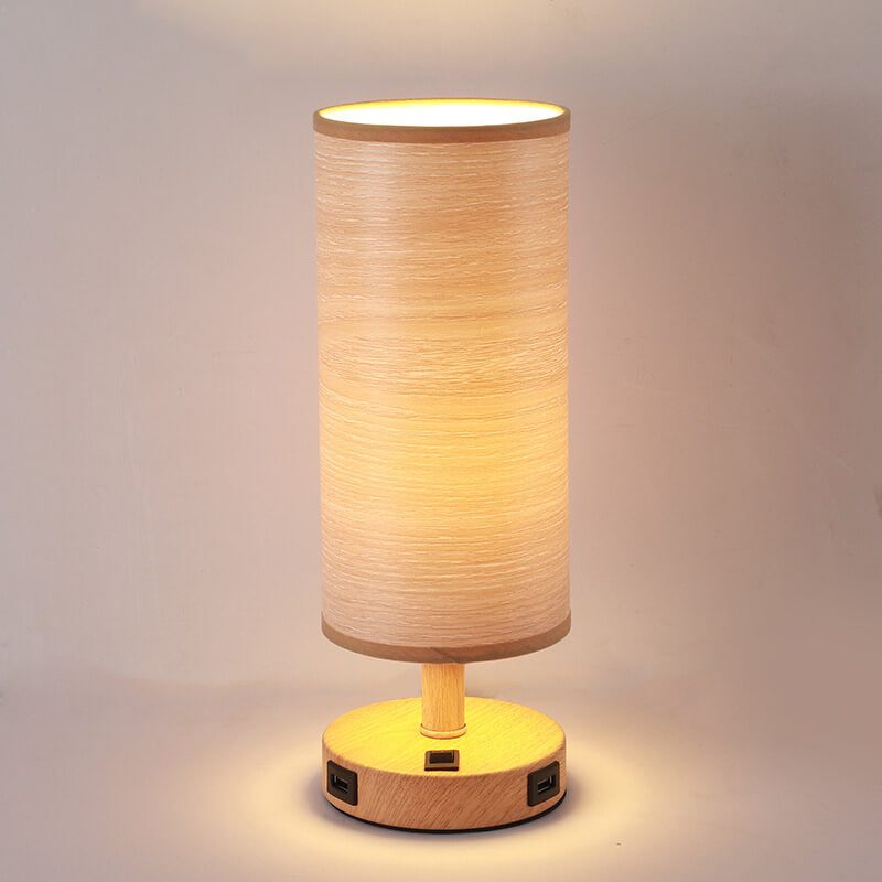 Moderne 1-flammige Tischlampe mit Holzmaserung und Stoffschirm 