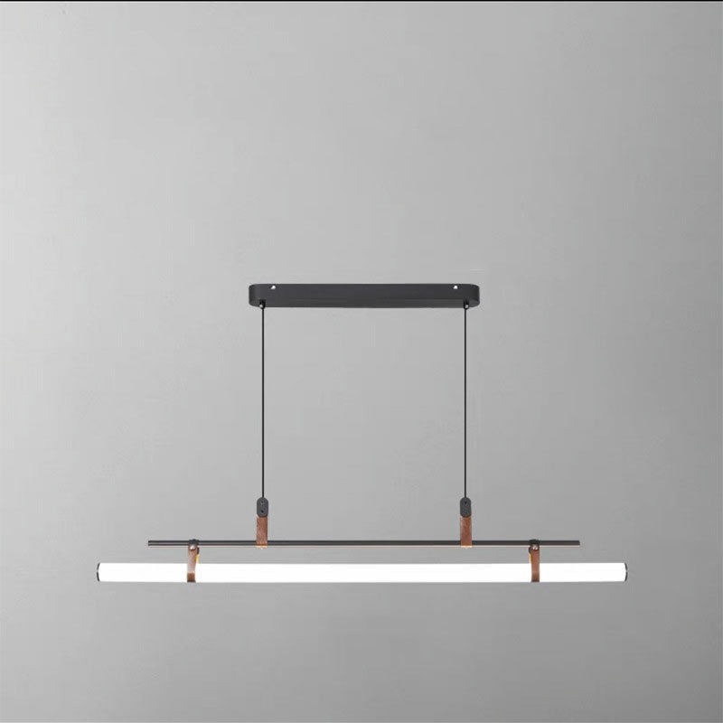 Moderner minimalistischer langer Streifen aus Eisen, Acryl und Kunstleder, LED-Insel-Leuchter für Wohnzimmer und Esszimmer 