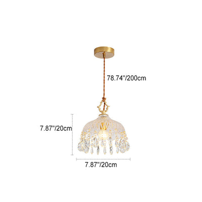 Modern Art Deco Brass Checkered Glass Shade Crystal Beads 1-Light Pendant Light For Living Room