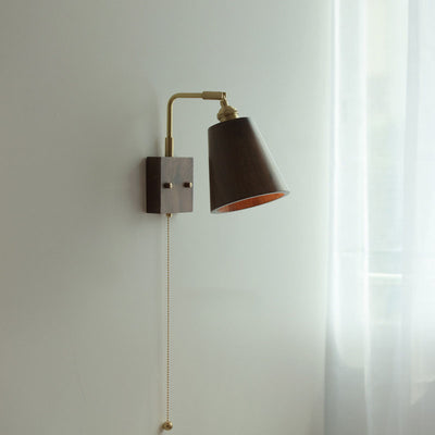 Vintage japanische Walnuss runde 1-Licht Zugschnur drehbare Wandleuchte Lampe