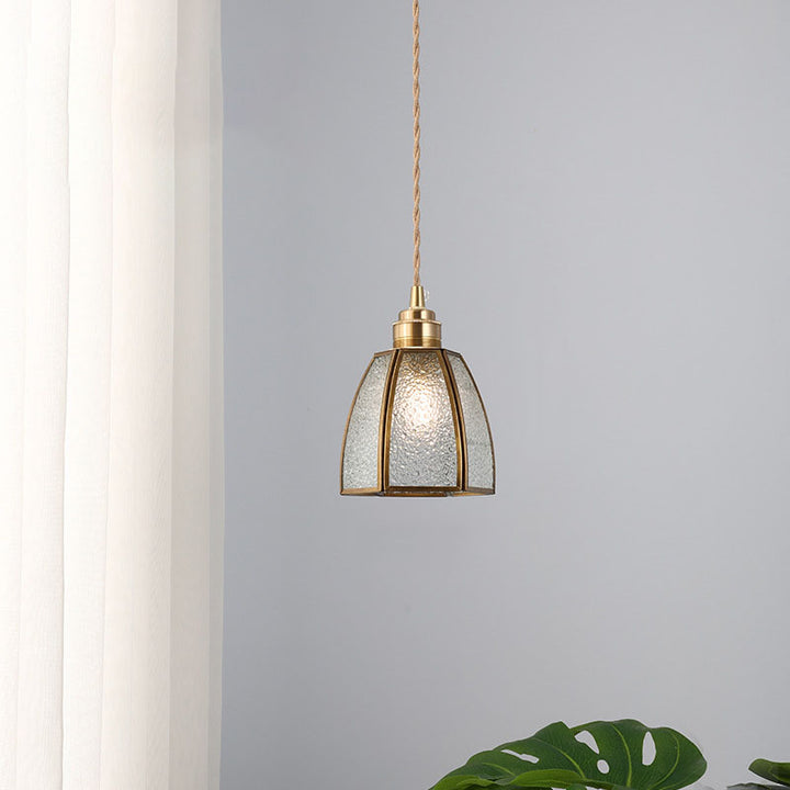 Lámpara colgante vintage tradicional de 1 luz con pantalla cónica de vidrio y cobre para sala de estar 