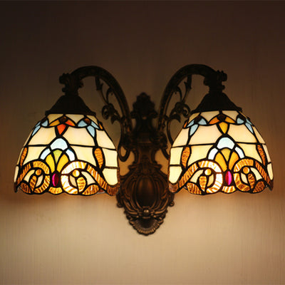 Vintage Tiffany Dome Stained Glass 2-Light Wall Sconce Lamp