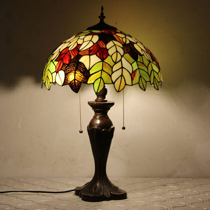 Lampe de table Tiffany avec fleur rétro européenne en verre teinté à 1 lumière avec cordon de tirage 