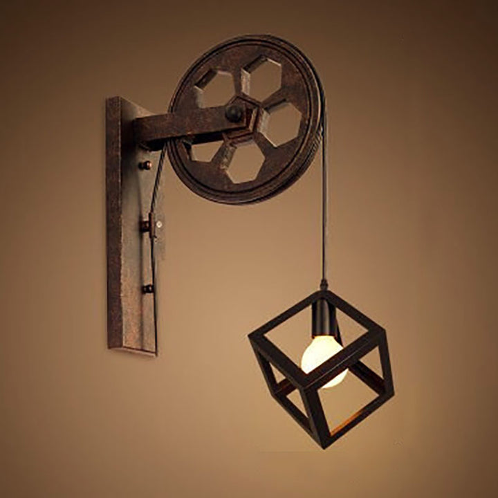 Traditional Vintage Pulley Iron Wood 1-Light Wall Sconce Lamp
