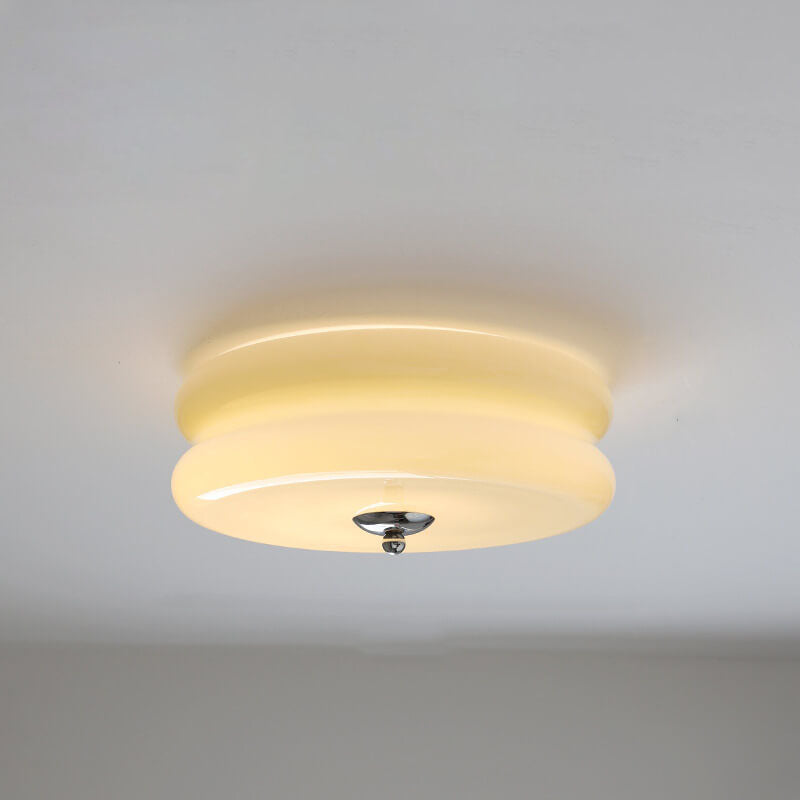 French Minimalist Cream Glass Round LED Flush Mount Ceiling Light