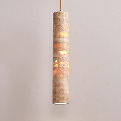 Modern Minimalist Cylindrical Natural Yellow Travertine 1-Light Pendant Light For Bedroom