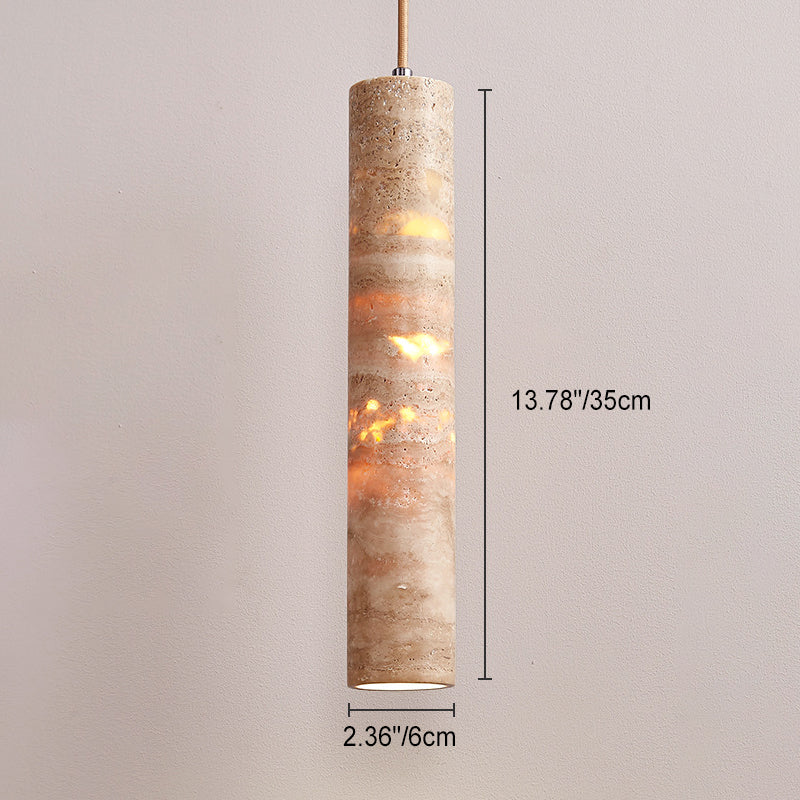 Modern Minimalist Cylindrical Natural Yellow Travertine 1-Light Pendant Light For Bedroom