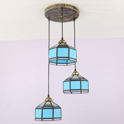 Tiffany Vintage Cone Stained Glass 3-Light Island Light Chandelier