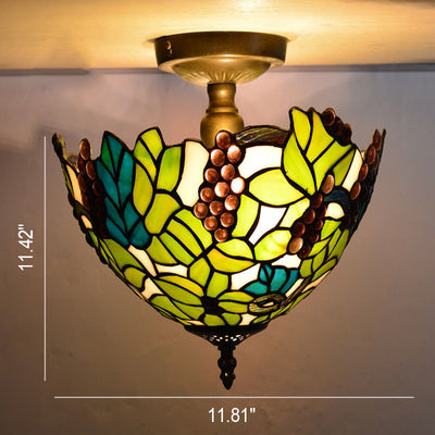 Vintage Tiffany Stained Glass Bowl 2-Light Semi-Flush Mount Ceiling Light