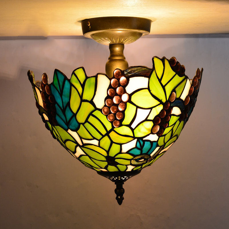Traditional Tiffany Stained Glass Iron Bowl Round 2-Light Semi-Flush Mount Ceiling Light for Living Room